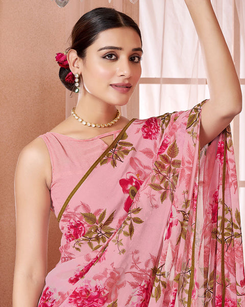 Rose Pink Printed Georgette Saree With Piping