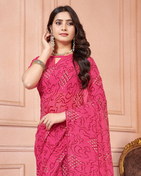 Dark Pink Printed Georgette Saree With Piping