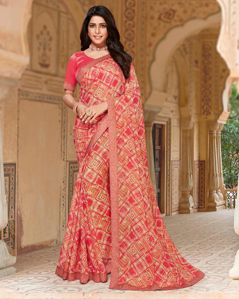 Pastel Red Printed Chiffon Saree With Border