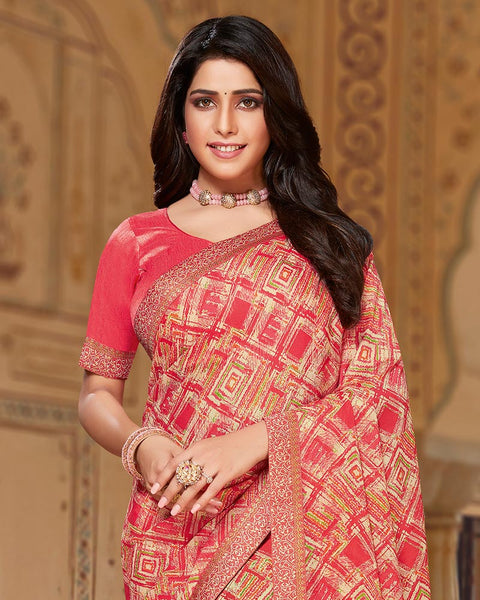 Pastel Red Printed Chiffon Saree With Border