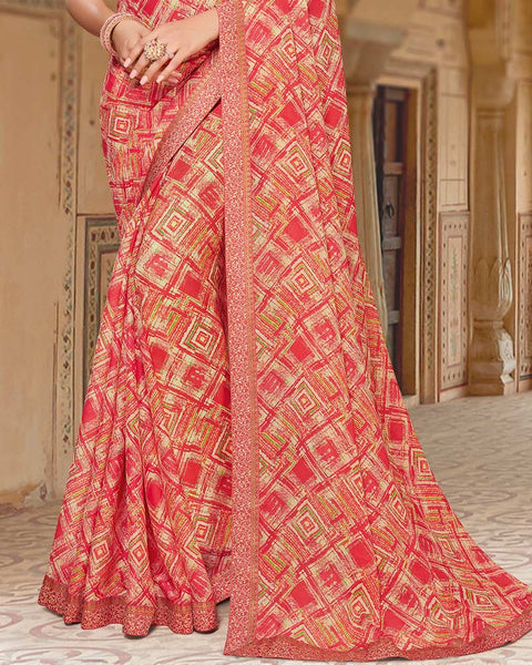 Pastel Red Printed Chiffon Saree With Border