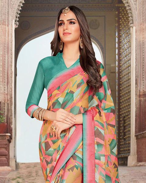 Pastel Pink Printed Chiffon Saree With Border