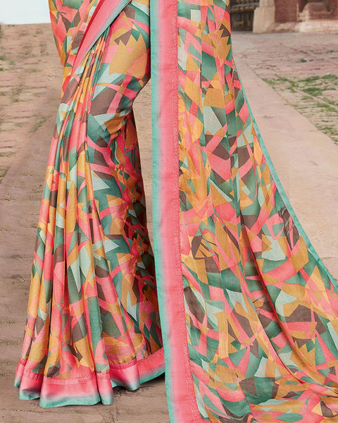 Pastel Pink Printed Chiffon Saree With Border