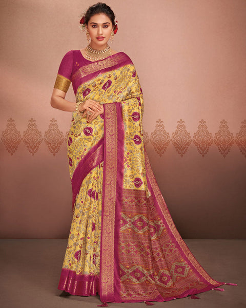 Tulip Yellow Patola Print Soft Bhagalpuri Silk Saree With Weaved Fancy Border