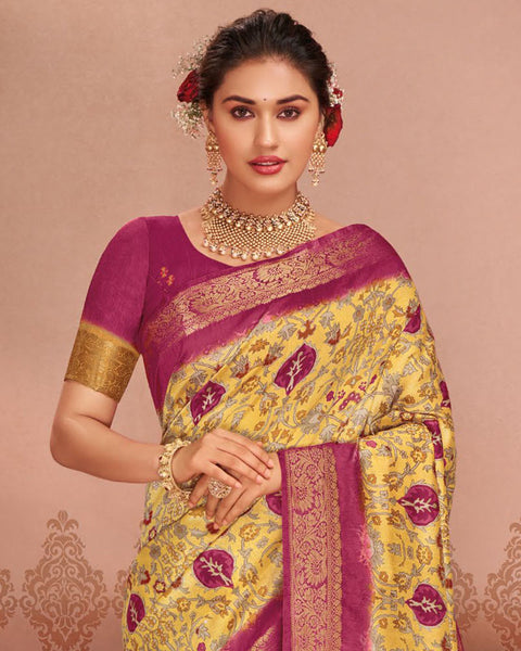 Tulip Yellow Patola Print Soft Bhagalpuri Silk Saree With Weaved Fancy Border