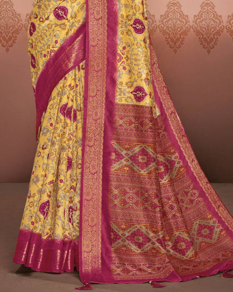 Tulip Yellow Patola Print Soft Bhagalpuri Silk Saree With Weaved Fancy Border