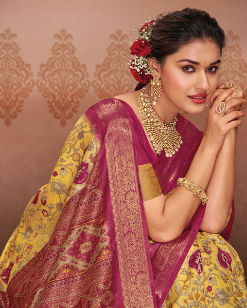 Tulip Yellow Patola Print Soft Bhagalpuri Silk Saree With Weaved Fancy Border