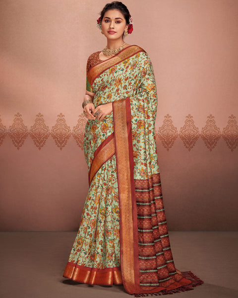 Sea Green Patola Print Soft Bhagalpuri Silk Saree With Weaved Fancy Border