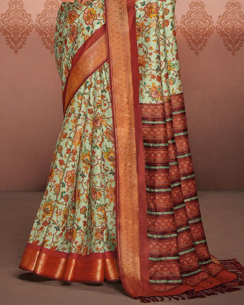 Sea Green Patola Print Soft Bhagalpuri Silk Saree With Weaved Fancy Border
