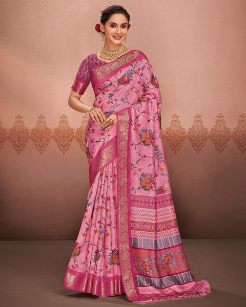 Deep Blush Pink Patola Print Soft Bhagalpuri Silk Saree With Weaved Fancy Border