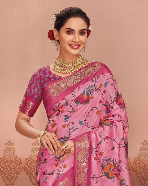 Deep Blush Pink Patola Print Soft Bhagalpuri Silk Saree With Weaved Fancy Border