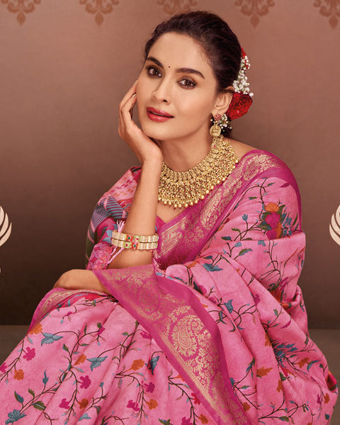 Deep Blush Pink Patola Print Soft Bhagalpuri Silk Saree With Weaved Fancy Border