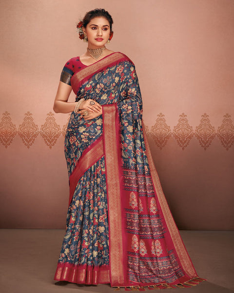 Fiord Blue Patola Print Soft Bhagalpuri Silk Saree With Weaved Fancy Border