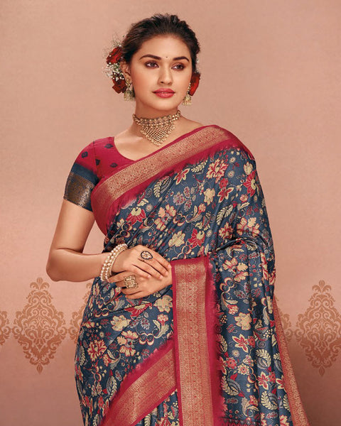 Fiord Blue Patola Print Soft Bhagalpuri Silk Saree With Weaved Fancy Border