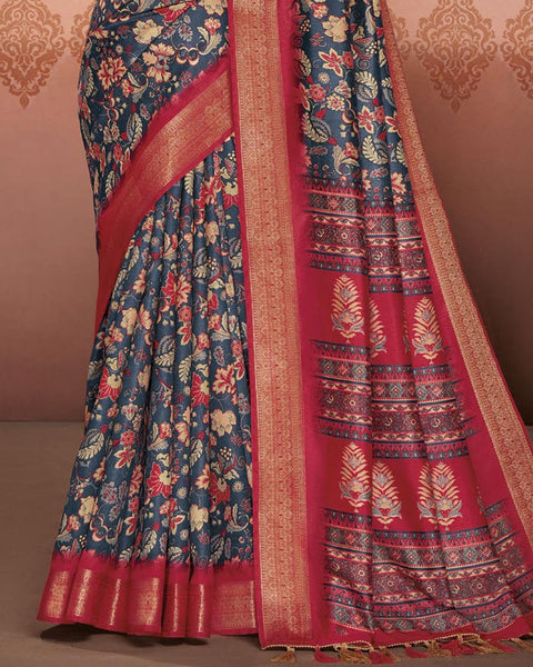 Fiord Blue Patola Print Soft Bhagalpuri Silk Saree With Weaved Fancy Border