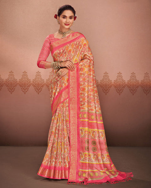 Brandy Cream Patola Print Soft Bhagalpuri Silk Saree With Weaved Fancy Border