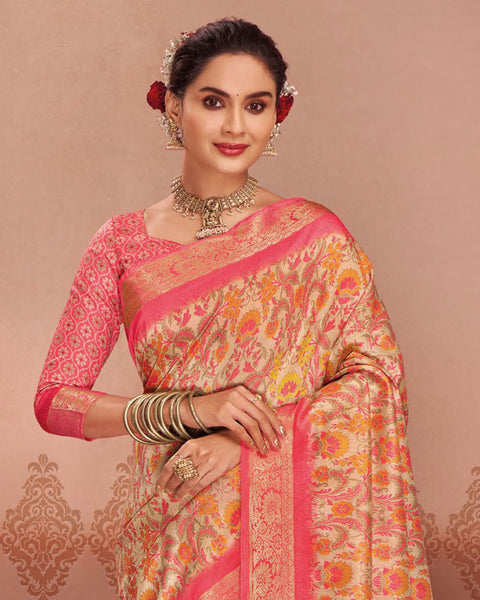 Brandy Cream Patola Print Soft Bhagalpuri Silk Saree With Weaved Fancy Border