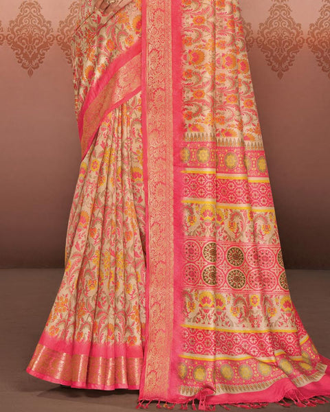 Brandy Cream Patola Print Soft Bhagalpuri Silk Saree With Weaved Fancy Border