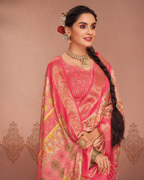 Brandy Cream Patola Print Soft Bhagalpuri Silk Saree With Weaved Fancy Border
