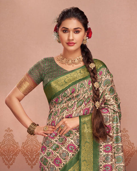 Dark Olive Green Patola Print Soft Bhagalpuri Silk Saree With Weaved Fancy Border