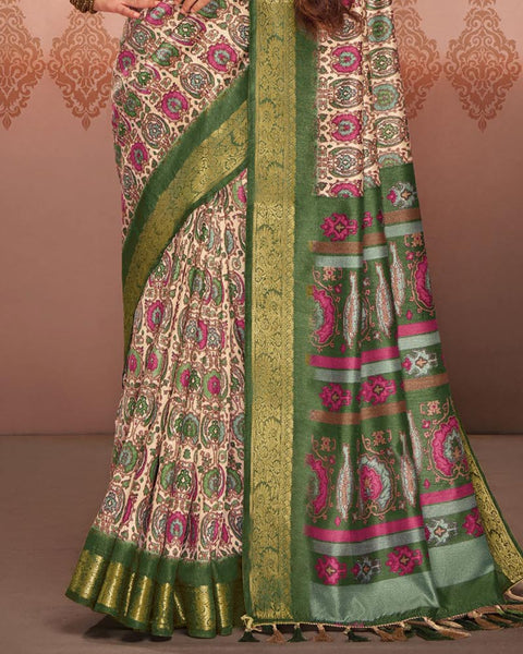 Dark Olive Green Patola Print Soft Bhagalpuri Silk Saree With Weaved Fancy Border