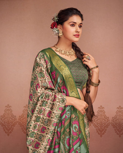 Dark Olive Green Patola Print Soft Bhagalpuri Silk Saree With Weaved Fancy Border