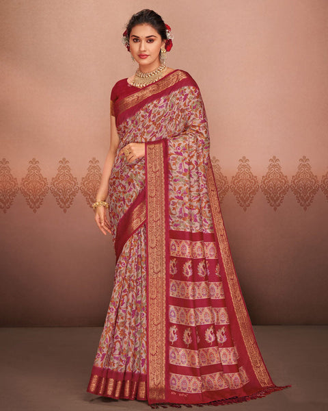 Persian Red Patola Print Soft Bhagalpuri Silk Saree With Weaved Fancy Border