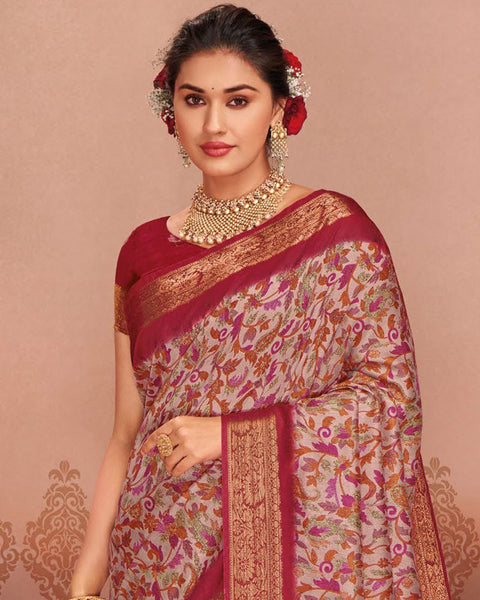 Persian Red Patola Print Soft Bhagalpuri Silk Saree With Weaved Fancy Border