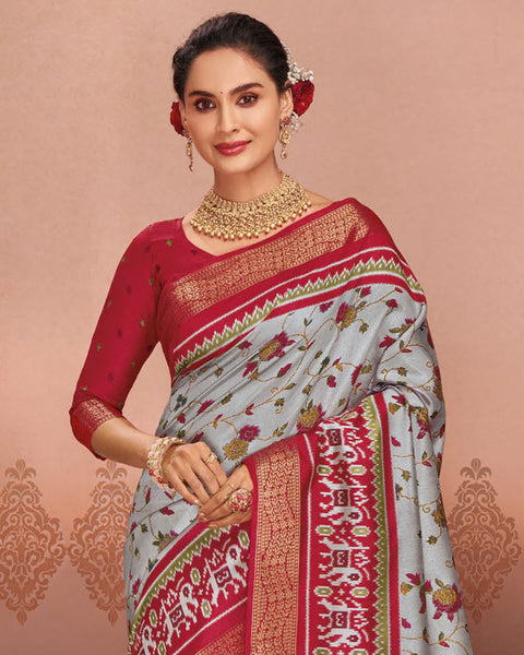 Grey Chateau Patola Print Soft Bhagalpuri Silk Saree With Weaved Fancy Border