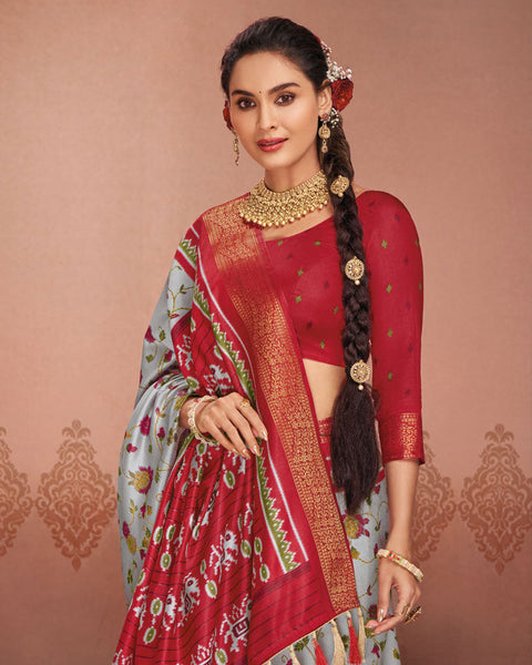 Grey Chateau Patola Print Soft Bhagalpuri Silk Saree With Weaved Fancy Border