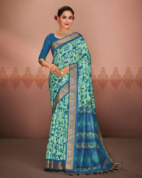 Sea Green Patola Print Soft Bhagalpuri Silk Saree With Weaved Fancy Border