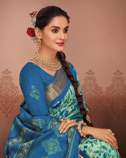 Sea Green Patola Print Soft Bhagalpuri Silk Saree With Weaved Fancy Border