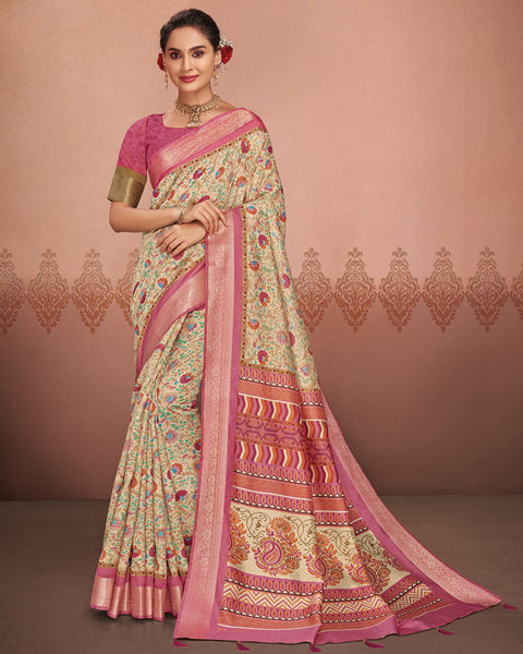 Brandy Cream Patola Print Soft Bhagalpuri Silk Saree With Weaved Fancy Border