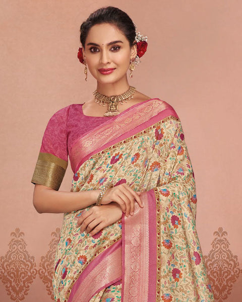 Brandy Cream Patola Print Soft Bhagalpuri Silk Saree With Weaved Fancy Border