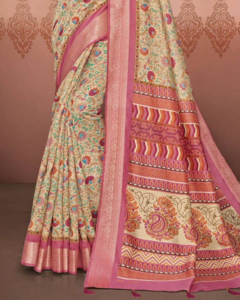 Brandy Cream Patola Print Soft Bhagalpuri Silk Saree With Weaved Fancy Border