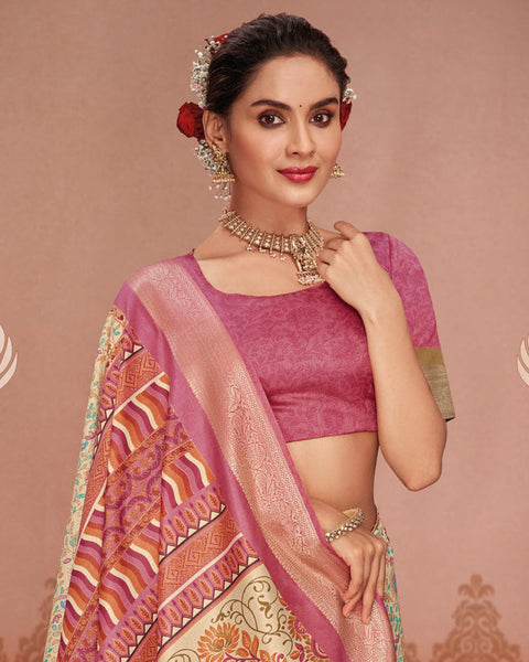 Brandy Cream Patola Print Soft Bhagalpuri Silk Saree With Weaved Fancy Border