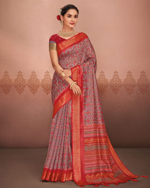 Brick Red Patola Print Soft Bhagalpuri Silk Saree With Weaved Fancy Border