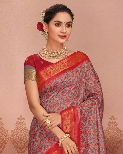 Brick Red Patola Print Soft Bhagalpuri Silk Saree With Weaved Fancy Border