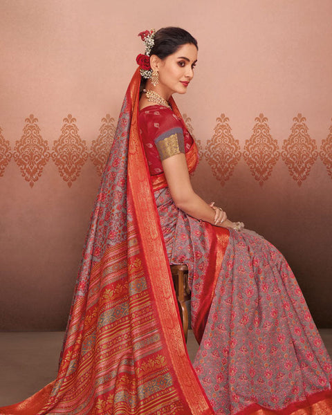 Brick Red Patola Print Soft Bhagalpuri Silk Saree With Weaved Fancy Border