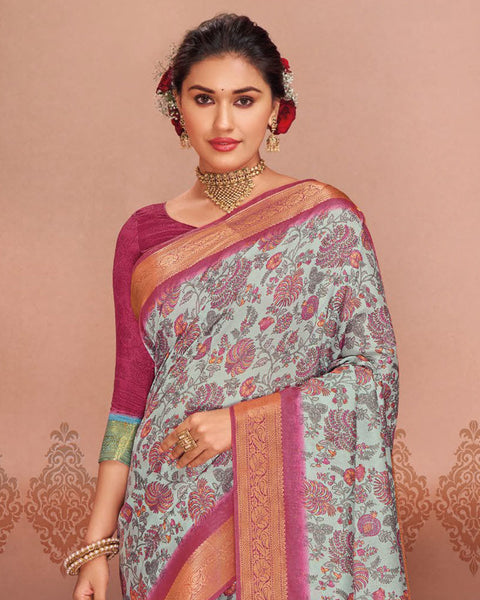 Greyish Blue Patola Print Soft Bhagalpuri Silk Saree With Weaved Fancy Border