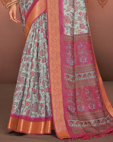 Greyish Blue Patola Print Soft Bhagalpuri Silk Saree With Weaved Fancy Border