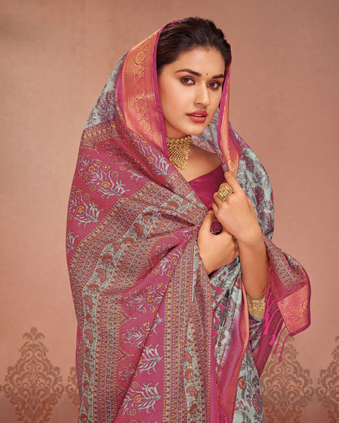 Greyish Blue Patola Print Soft Bhagalpuri Silk Saree With Weaved Fancy Border