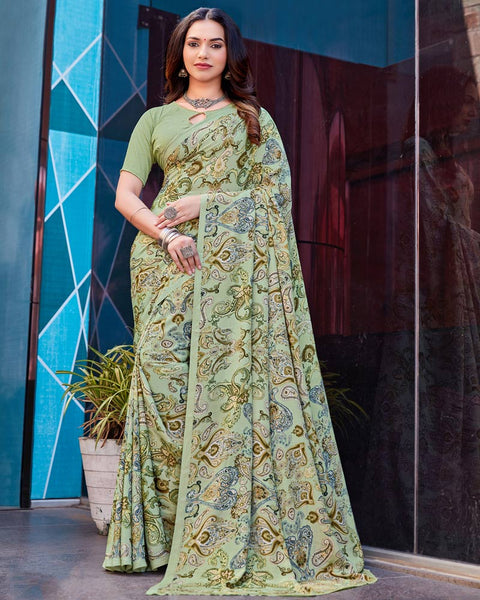 Sage Green Printed Crepe Saree