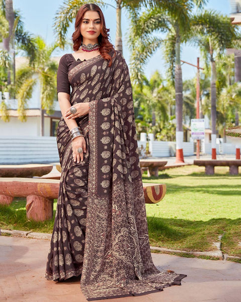 Purplish Brown Printed Crepe Saree