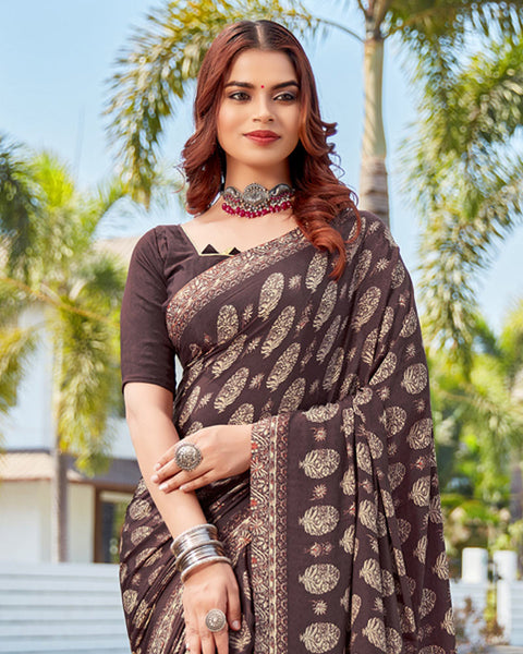 Purplish Brown Printed Crepe Saree