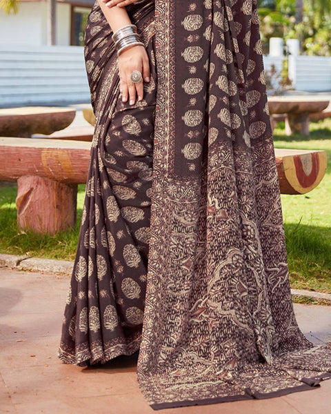 Purplish Brown Printed Crepe Saree