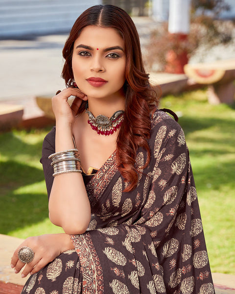 Purplish Brown Printed Crepe Saree