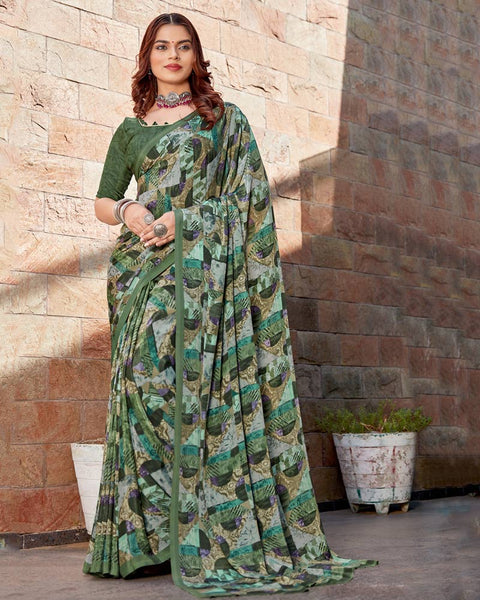 Finch Green Printed Crepe Saree