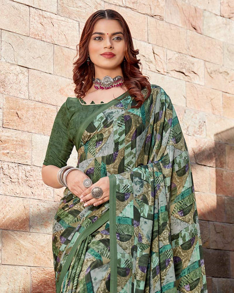 Finch Green Printed Crepe Saree