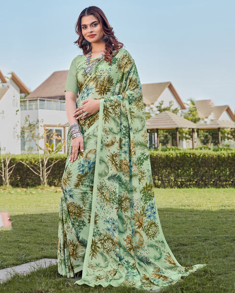Pastel Green Printed Crepe Saree